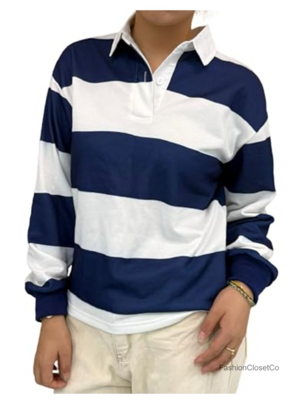 Oversized Striped Polo Sweatshirt Rugby Long Sleeve Women